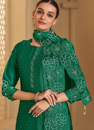 Embroidered and Swarovski Work Georgette Salwar Suit In Green for Ceremonial