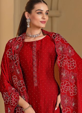 Embroidered and Swarovski Work Georgette Salwar Suit In Red Color