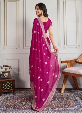 Embroidered and Swarovski Work Georgette Trendy Saree In Hot Pink