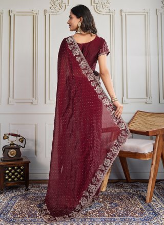 Embroidered and Swarovski Work Silk Trendy Saree In Maroon for Ceremonial