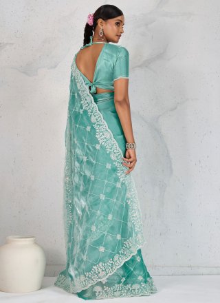 Embroidered and Thread Work Burburry Classic Saree In Aqua Blue