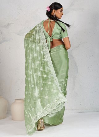 Embroidered and Thread Work Burburry Designer Saree In Green Color