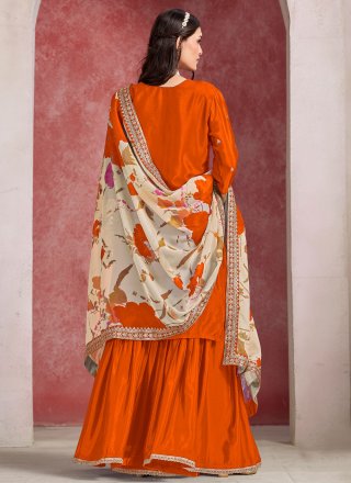 Embroidered and Thread Work Chinon Palazzo Salwar Suit In Orange for Ceremonial