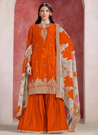 Embroidered and Thread Work Chinon Palazzo Salwar Suit In Orange for Ceremonial