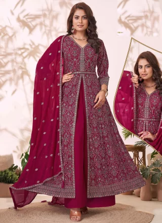 Embroidered and Thread Work Georgette Floor Length Salwar Suit In Rani Color