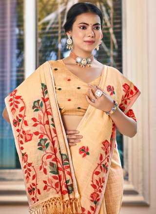 Embroidered and Thread Work Kanjivaram Silk Contemporary Saree In Peach
