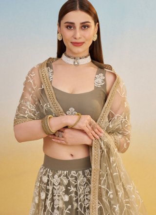 Embroidered and Thread Work Net A - Line Lehenga Choli In Beige and Brown