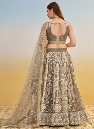 Embroidered and Thread Work Net A - Line Lehenga Choli In Beige and Brown