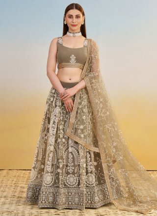 Embroidered and Thread Work Net A - Line Lehenga Choli In Beige and Brown