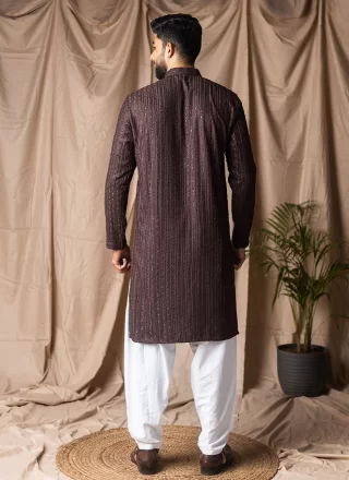 Embroidered and Thread Work Rayon Kurta Pyjama In Brown
