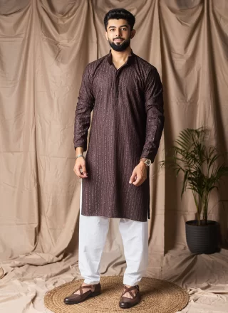 Embroidered and Thread Work Rayon Kurta Pyjama In Brown