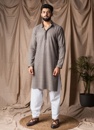 Embroidered and Thread Work Rayon Kurta Pyjama In Grey