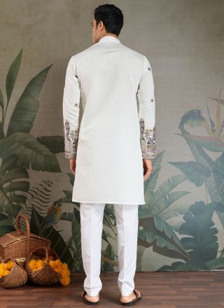 Embroidered and Thread Work Silk Kurta Mens Wear In White Color