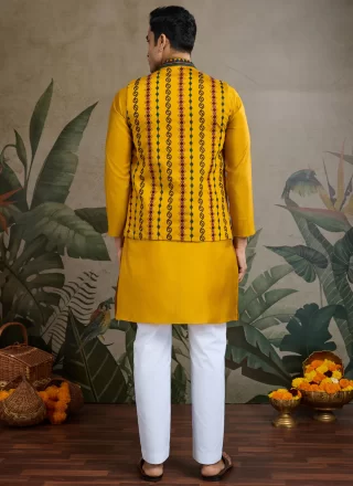 Embroidered and Thread Work Silk Kurta Payjama with Jacket In Mustard Color