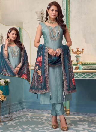 Embroidered and Thread Work Silk Pant Style Suit In Blue and Grey for Festival