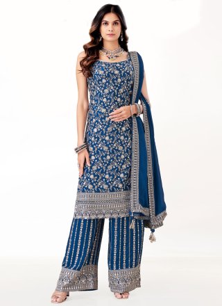 Embroidered and Thread Work Silk Readymade Salwar Suit In Blue for Ceremonial