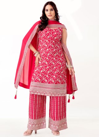 Embroidered and Thread Work Silk Straight Salwar Suit In Rani Colour