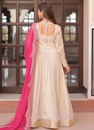 Embroidered and Weaving Work Jacquard Gown In Off White Color