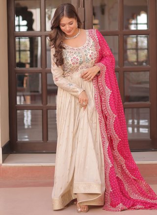 Embroidered and Weaving Work Jacquard Gown In Off White Color