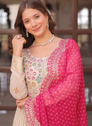 Embroidered and Weaving Work Jacquard Gown In Off White Color