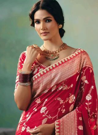 Embroidered and Weaving Work Silk Classic Sari In Red for Ceremonial