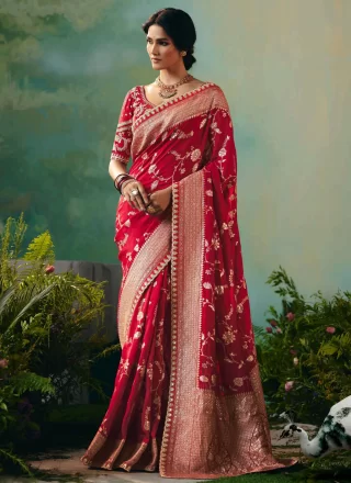 Embroidered and Weaving Work Silk Classic Sari In Red for Ceremonial