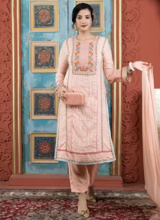 Embroidered and Zari Work Chanderi Silk Readymade Salwar Suit In Pink