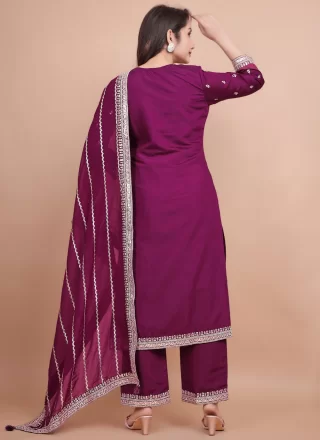 Embroidered and Zari Work Chanderi Silk Salwar Suit In Purple for Ceremonial