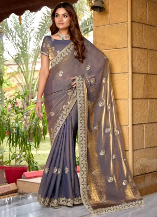 Embroidered and Zari Work Chiffon Classic Sari In Grey and Purple