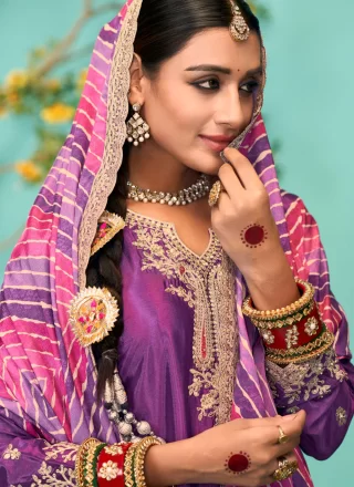 Embroidered and Zari Work Chinon Punjabi Suit In Purple