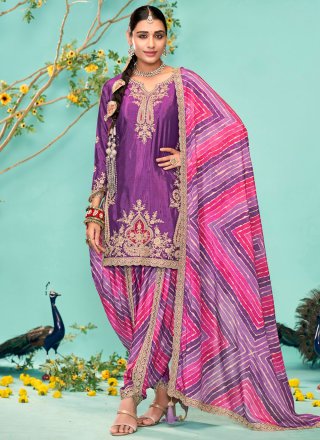Embroidered and Zari Work Chinon Punjabi Suit In Purple