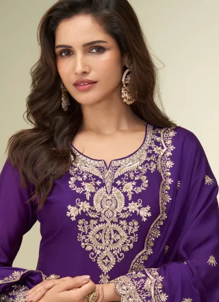 Embroidered and Zari Work Chinon Salwar Suit In Purple