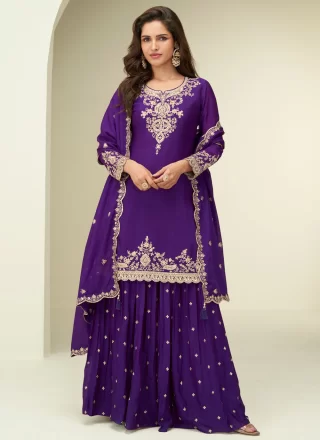 Embroidered and Zari Work Chinon Salwar Suit In Purple