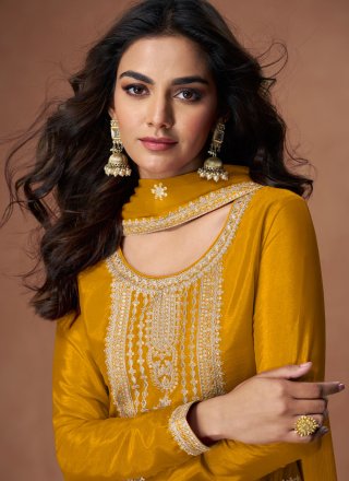 Embroidered and Zari Work Chinon Straight Salwar Suit In Yellow Color