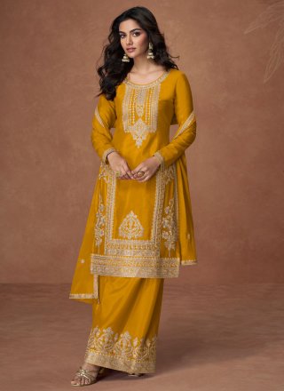 Embroidered and Zari Work Chinon Straight Salwar Suit In Yellow Color