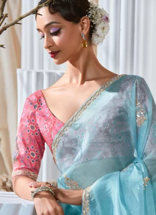 Embroidered and Zari Work Fancy Fabric Classic Saree In Aqua Blue for Mehndi