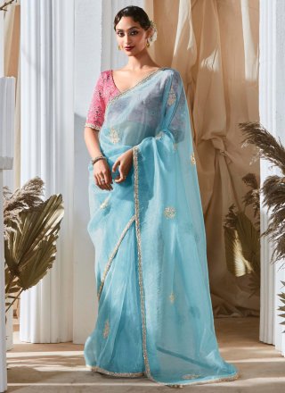 Embroidered and Zari Work Fancy Fabric Classic Saree In Aqua Blue for Mehndi