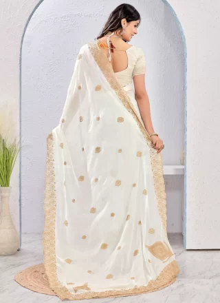 Embroidered and Zari Work Fandy Contemporary Saree In White for Ceremonial