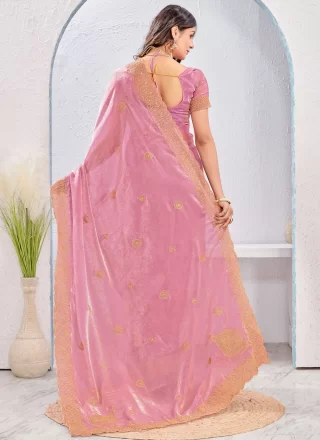 Embroidered and Zari Work Fandy Contemporary Sari In Pink