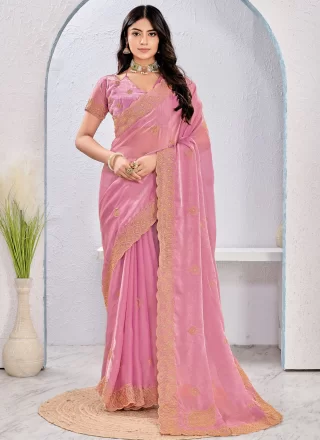 Embroidered and Zari Work Fandy Contemporary Sari In Pink