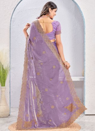 Embroidered and Zari Work Fandy Designer Saree In Lavender Color