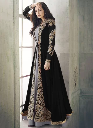 Embroidered and Zari Work Faux Georgette Salwar Suit In Black for Ceremonial