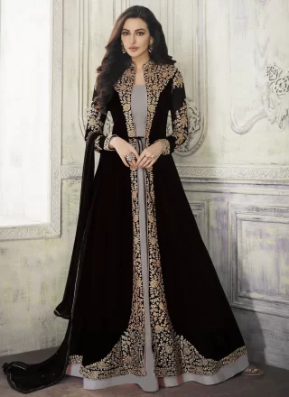Embroidered and Zari Work Faux Georgette Salwar Suit In Black for Ceremonial