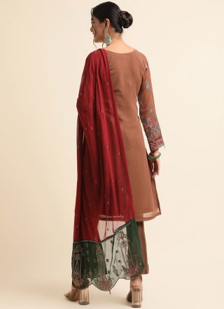 Embroidered and Zari Work Faux Georgette Salwar Suit In Brown Colour
