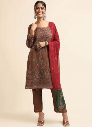 Embroidered and Zari Work Faux Georgette Salwar Suit In Brown Colour