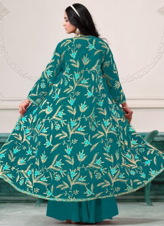 Embroidered and Zari Work Faux Georgette Salwar Suit In Firozi Color