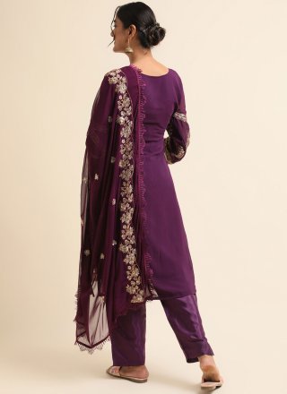 Embroidered and Zari Work Faux Georgette Salwar Suit In Purple Colour