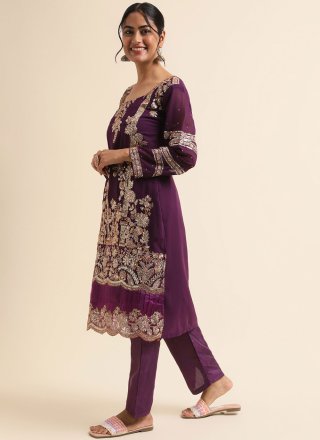Embroidered and Zari Work Faux Georgette Salwar Suit In Purple Colour