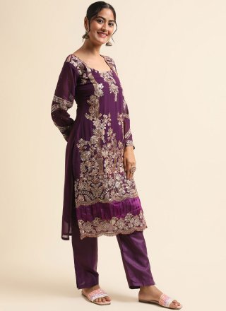Embroidered and Zari Work Faux Georgette Salwar Suit In Purple Colour