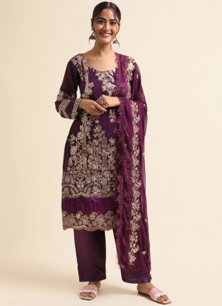 Embroidered and Zari Work Faux Georgette Salwar Suit In Purple Colour